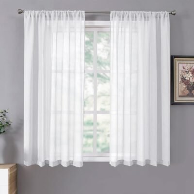 Sheer Curtains Living Room Linen Textured Curtain Sheers Light Filtering Voile Rod Pocket Curtains for Bedroom, 38 x 63 inches Long, White, Set of 2 Panels
