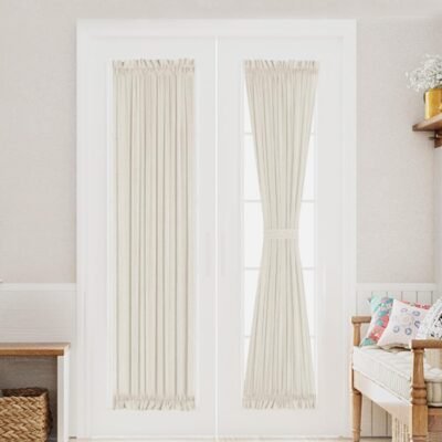 Elegant Linen French Door Curtains Light Filtering Curtain Panels Rod Pocket Linen Panel for Glass Door with Tie-Back Privacy Assured Semi Sheer Panel, 25" W by 72" L, 2 Panels, Natural