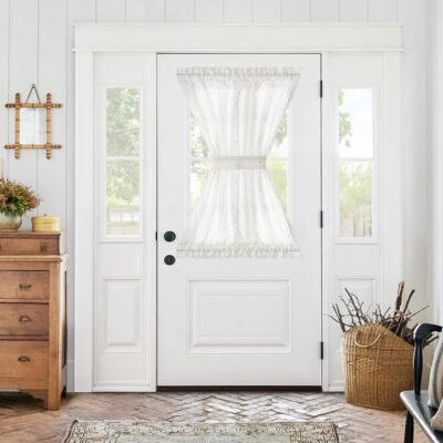Linen French Door Curtain with Open Weave Door Curtain 40 Inches Long Drape Rod Pocket 1 Panel Light-Filtering Privacy Window Decor 1 Tieback Included White Semi-Sheer