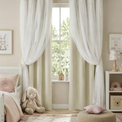 Double-Layered Curtains with White Sheer Solid Blackout Curtains 84 Inch Length Elegant Grommet Panels for Living Room/Sliding Glass Door (W52xL84, Beige, One Pair, with Tie-Backs)