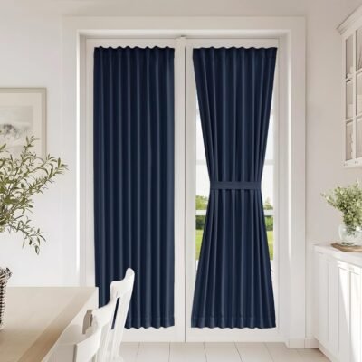 Dual Rod Pocket Dark Blue French Door Panel Curtains with Tieback - Door Curtain Panels for Patio Door, 1 Panel, W25 x L72, Navy
