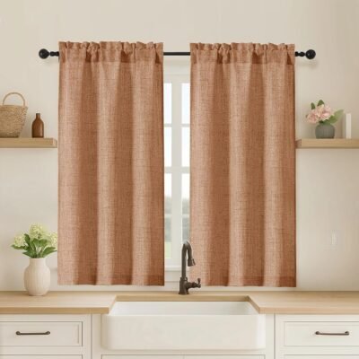 Cafe Curtains 45 Inch Length 2 Panels, Thick Textured Kitchen Door Curtains, Semi Privacy Light Filtering Half Short Bedroom Curtains for Small Window Living Room Dining, 2x30Wx45L, Orange