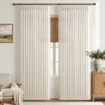 Birch Thick Linen 50 Inch Wide Viral Curtains 90 Inches Long for Sliding Glass Doors 2 Panels Set, Memory Shape Pinch Pleated Farmhouse Semi Sheer Light Filtering Dining Room Cream Ivory Window Drapes