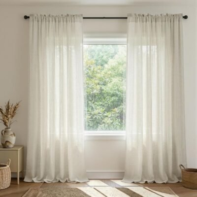 Linen Curtains for Living Room, Cream Light Filtering Cottage Core Country Farmhouse Curtains, Light Weight Natural Fabric Rod Pocket Neutral Cotton Semi Sheer Privacy Curtain for Bedroom 84 Inch Long