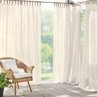 Home Fashions  Weatherproof Tab-Top Sheer Solid Color Indoor/Outdoor Curtain Panel for Porch, Pergola, Patio, Deck, 52”W x 84”L, Ivory