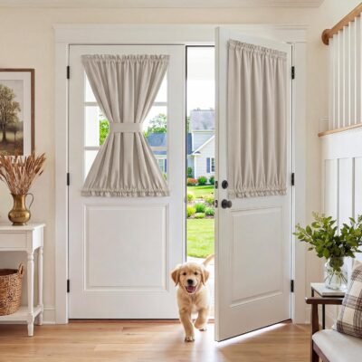 100% Blackout French Door Curtain for Door Window Dual Rod Pocket No Coating - Privacy Assured Thermal Insulated Room Darkening Drapes for Sidelight Window, W 26 x L 40, 1 Panel, Natural